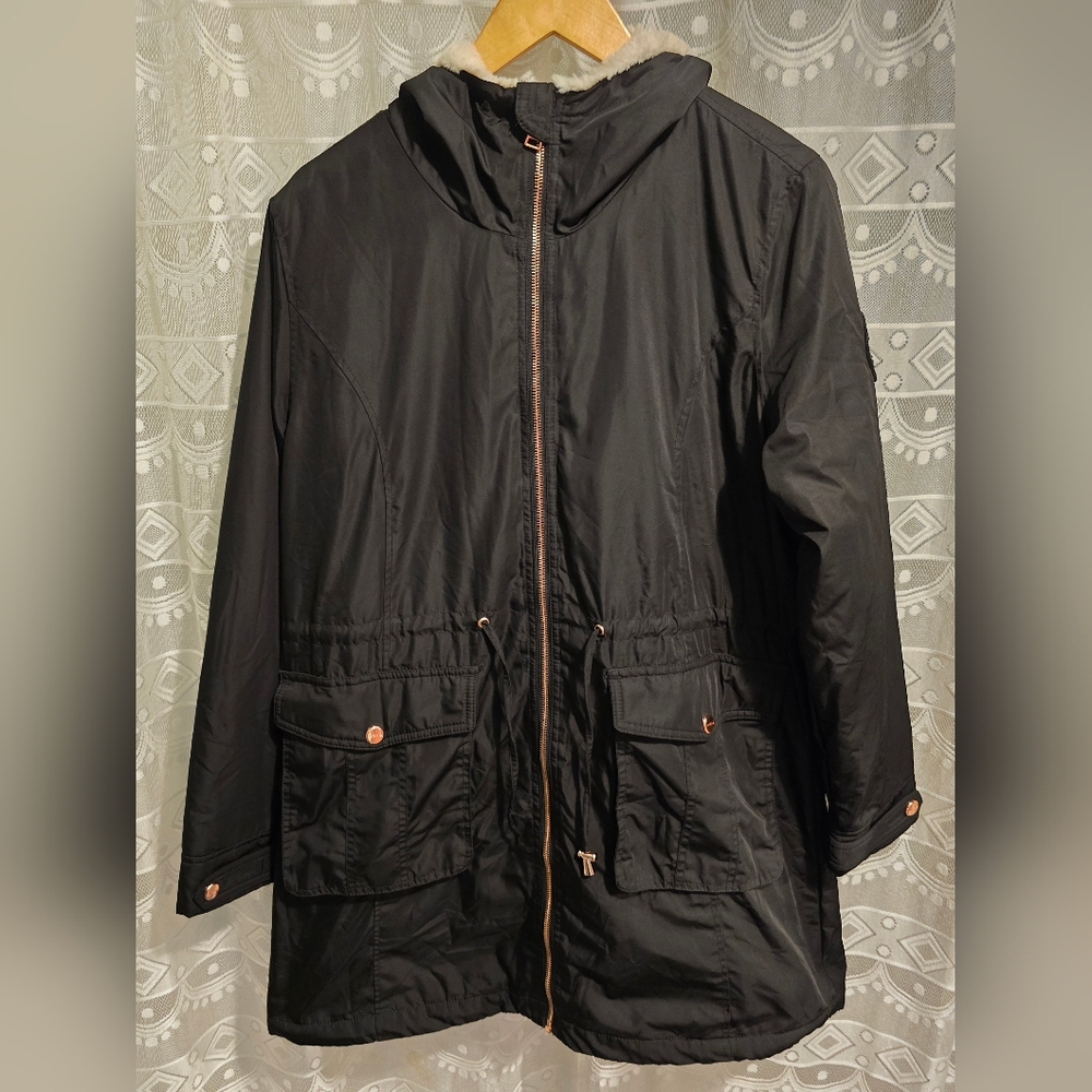 Bebe Black Hooded Coat Jacket Closure White Faux Fur Women's L Rose-gold Zipper